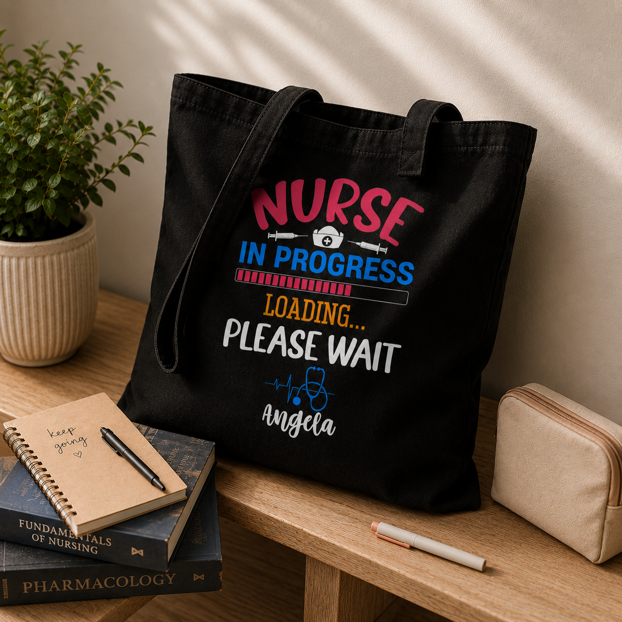 Personalized nurse in progress tote bag shown worn on shoulder, lifestyle photo