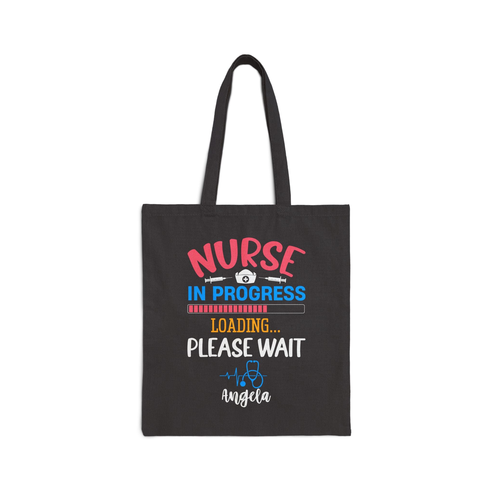 Personalized nursing student canvas tote bag with custom name, nurse in progress loading design