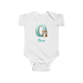 Personalized O baby bodysuit with owl – white cotton onesie with custom name