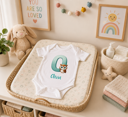 Initial O bodysuit with owl and name in script – flat lay