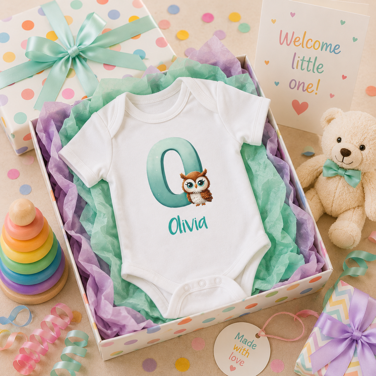 Close-up of O initial and owl on baby bodysuit