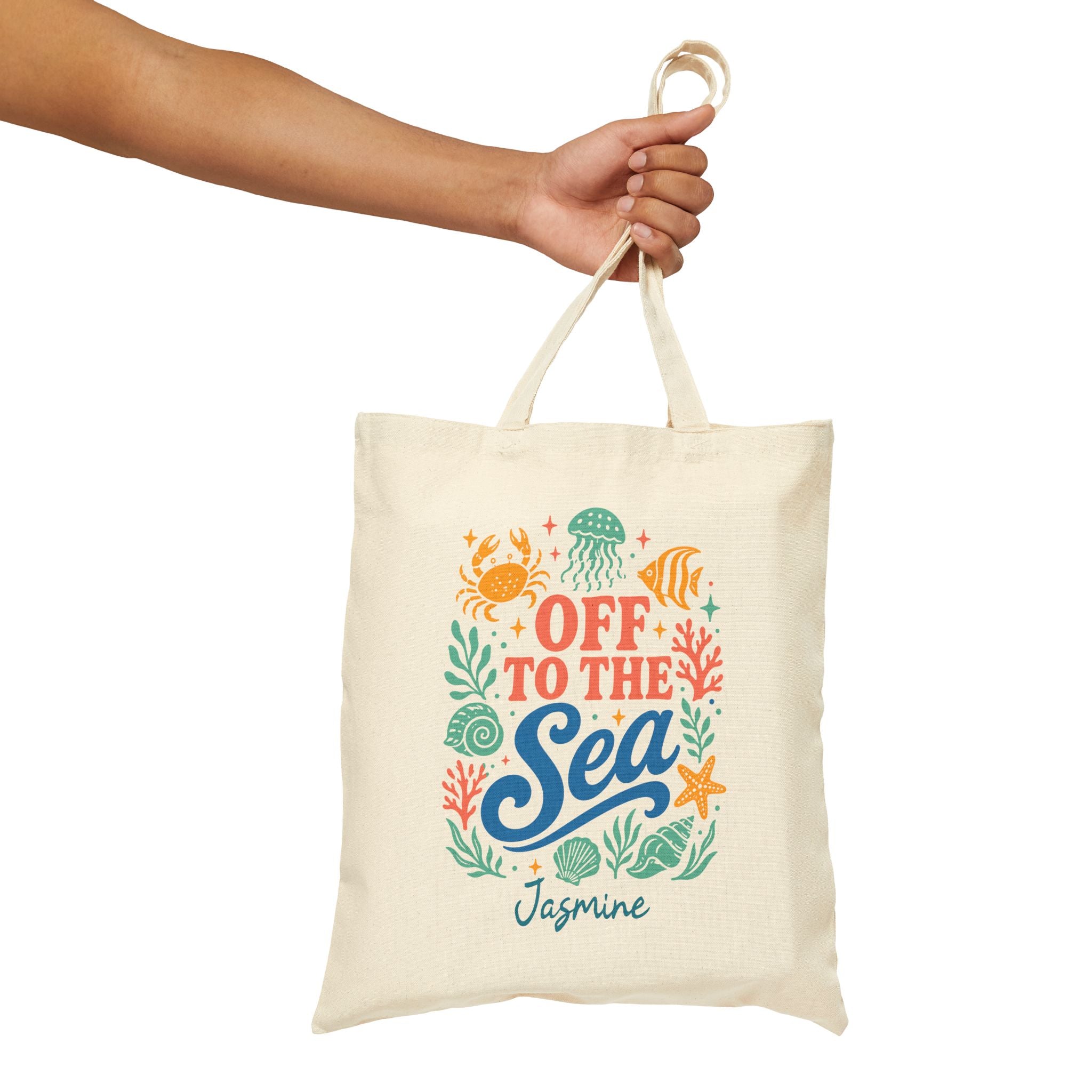 Personalized off to the sea canvas tote bag styled in a home setting