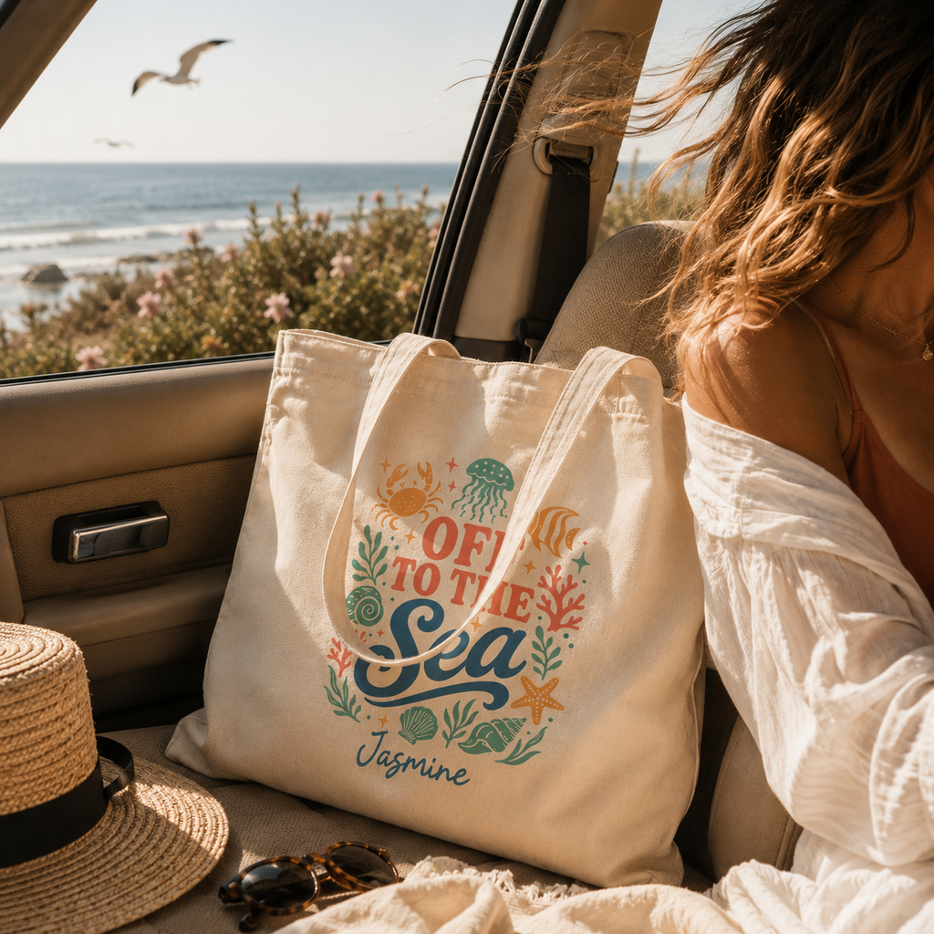 Personalized off to the sea tote bag shown worn on shoulder, lifestyle photo