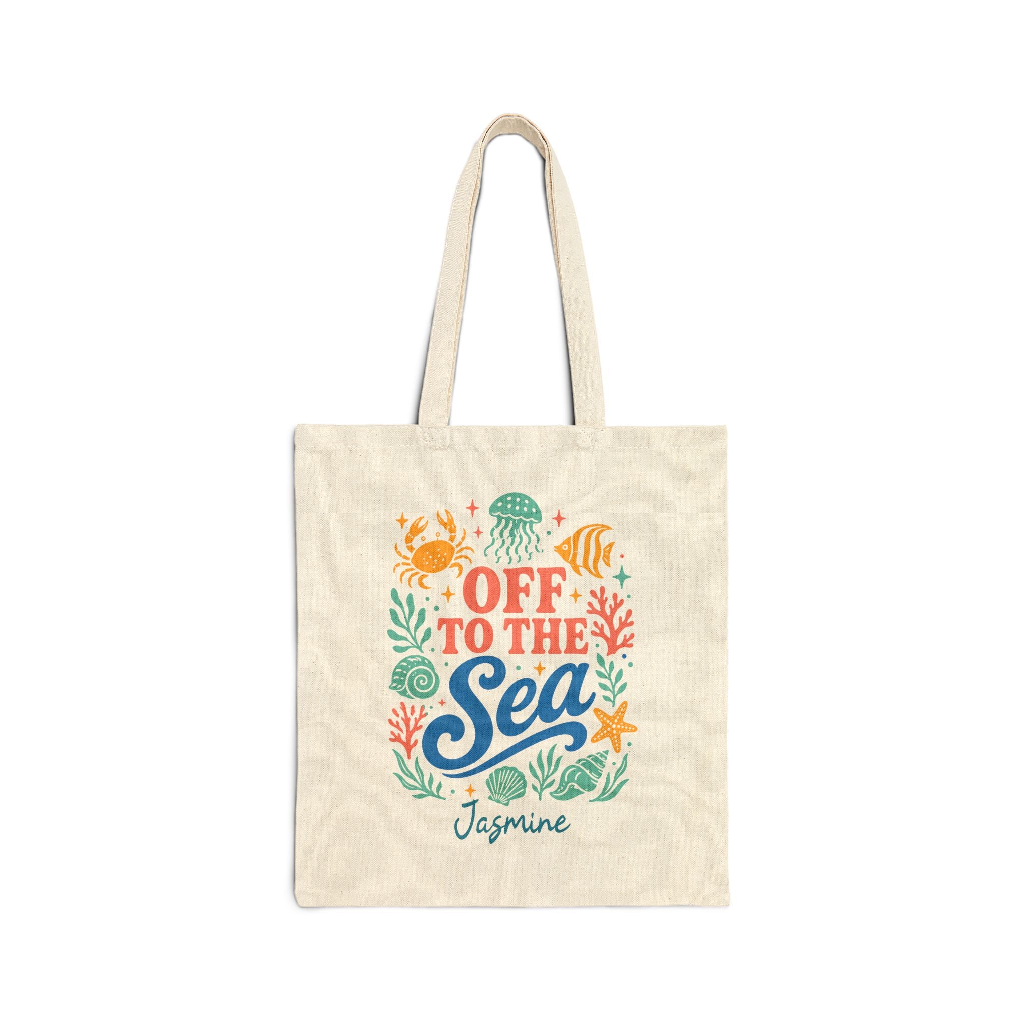 Personalized sea life canvas tote bag with custom name, off to the sea design