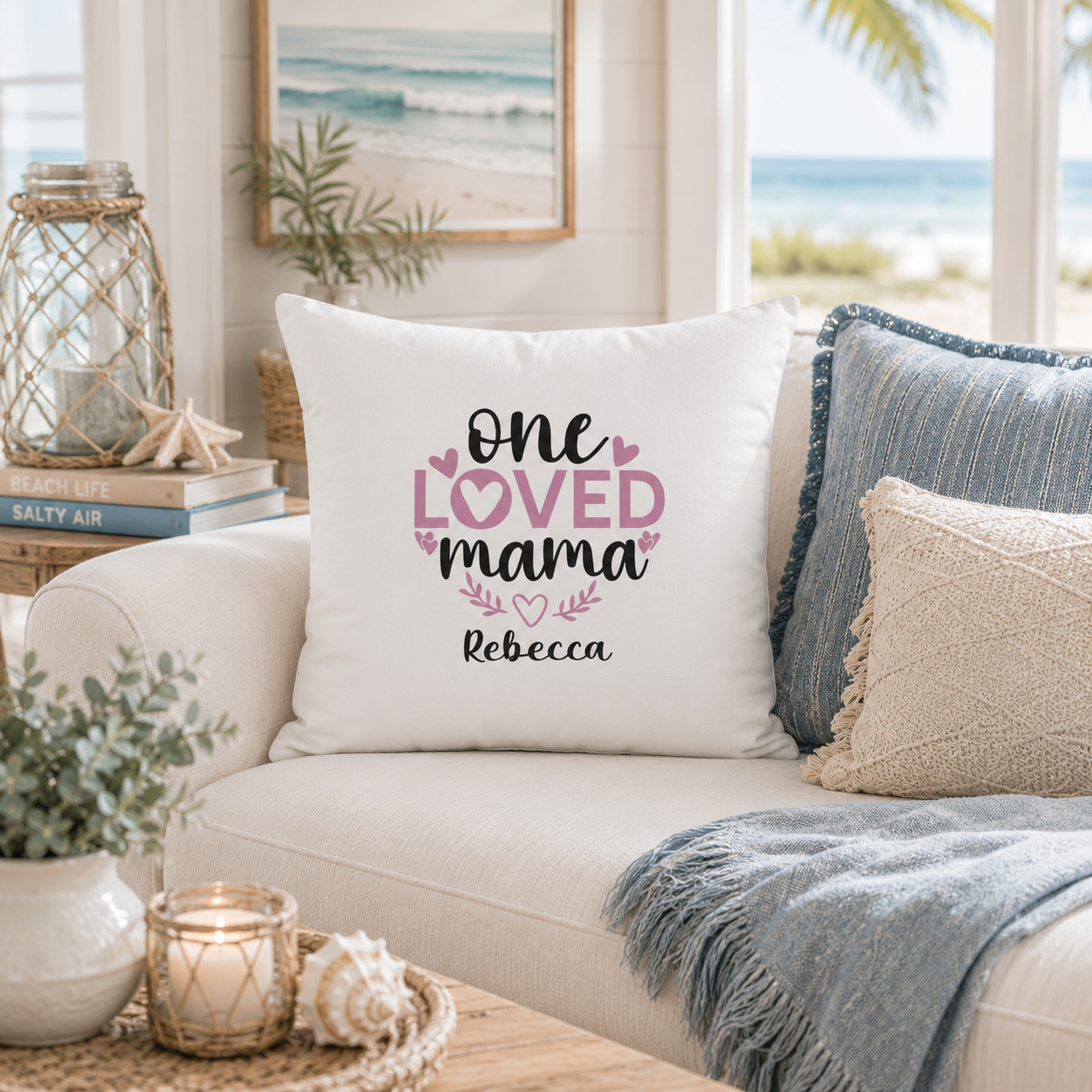 One Loved Mama personalized pillow – pink hearts design with name