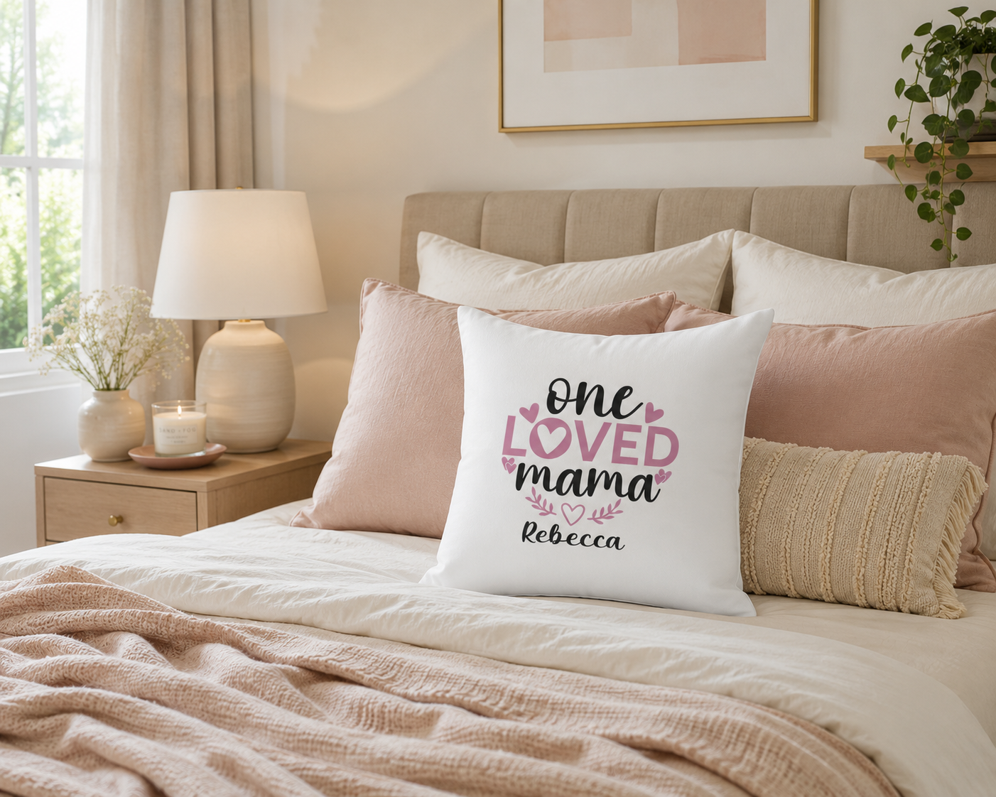 One Loved Mama throw pillow on couch – personalized mom gift