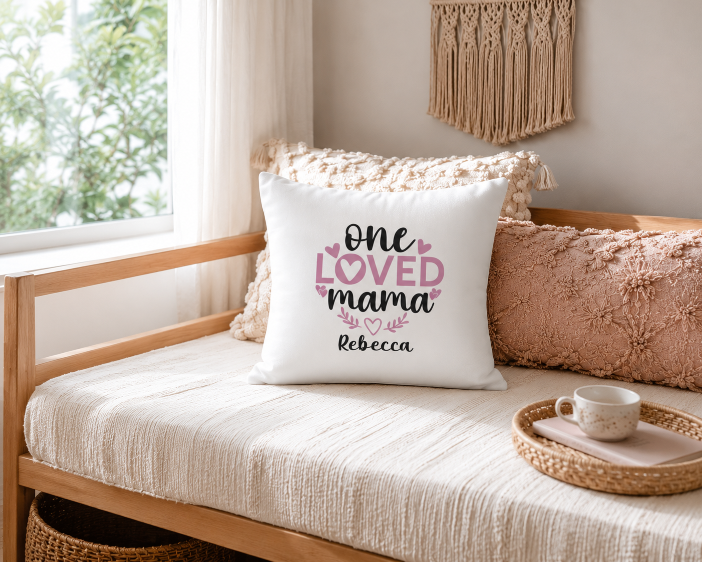 Close-up of One Loved Mama pillow print with custom name