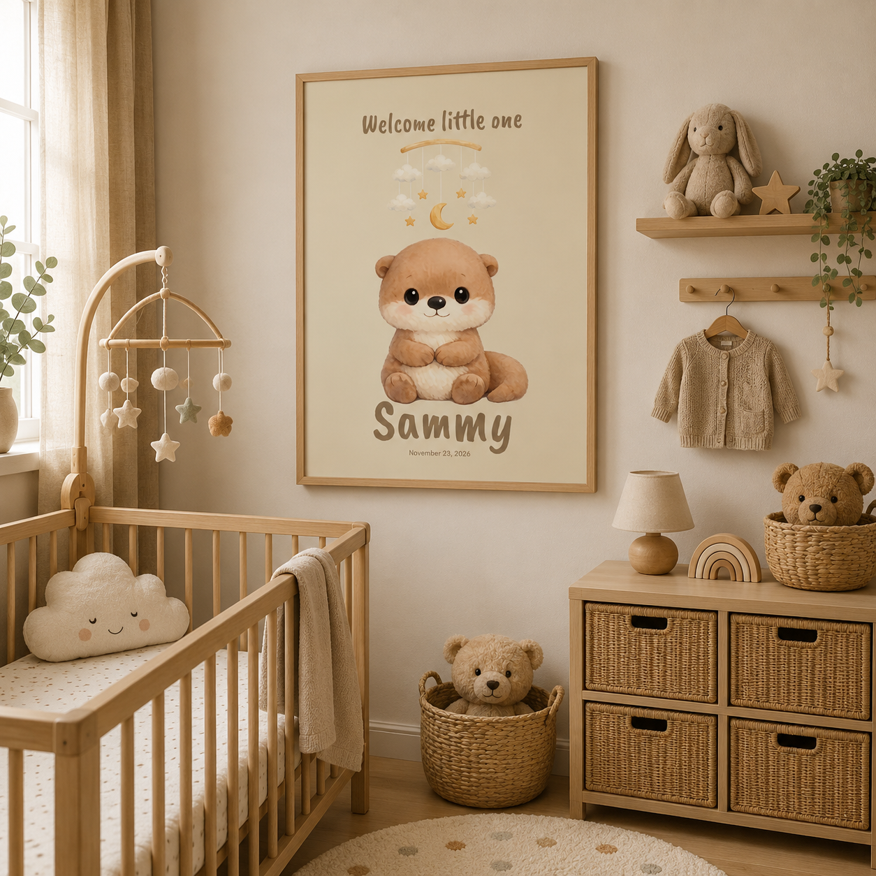 Close-up of otter mobile poster showing personalized name and birth date