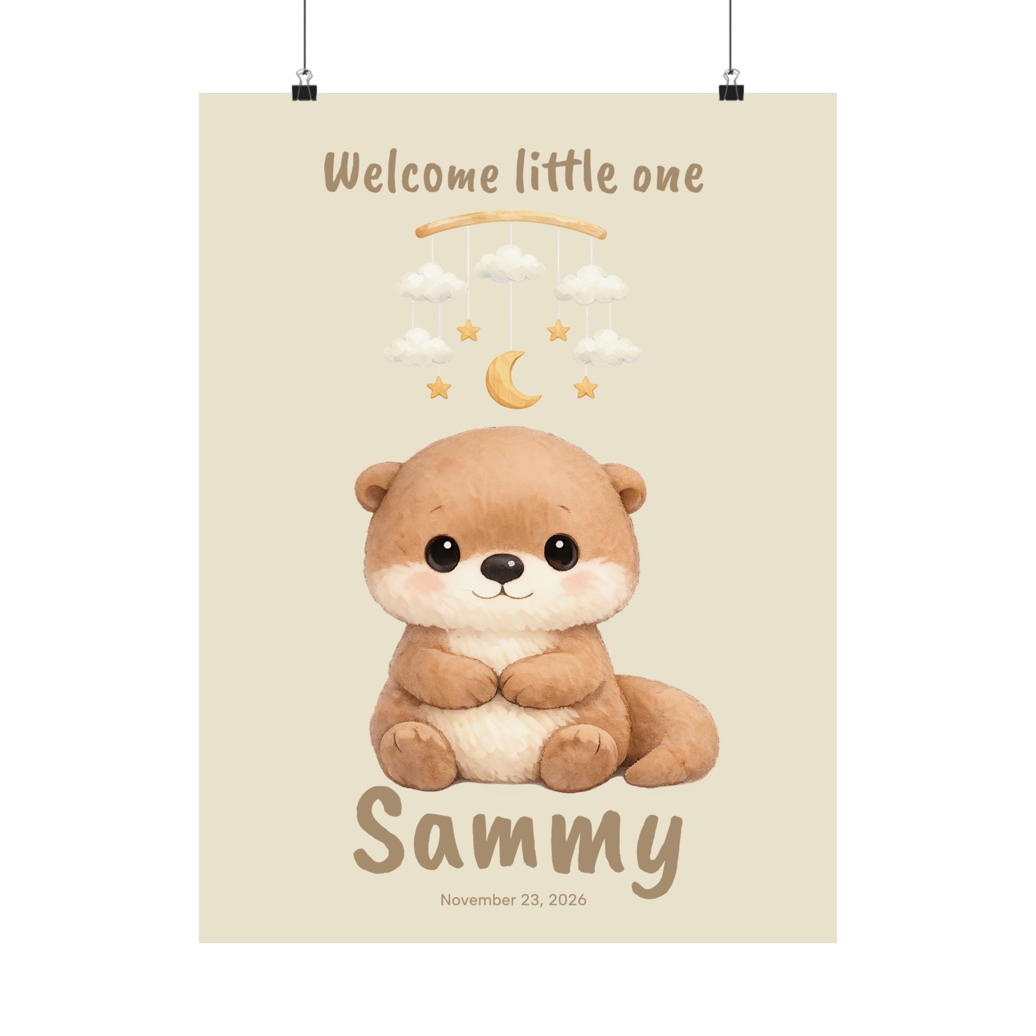 Personalized otter with moon stars mobile nursery poster, custom baby name and birth date