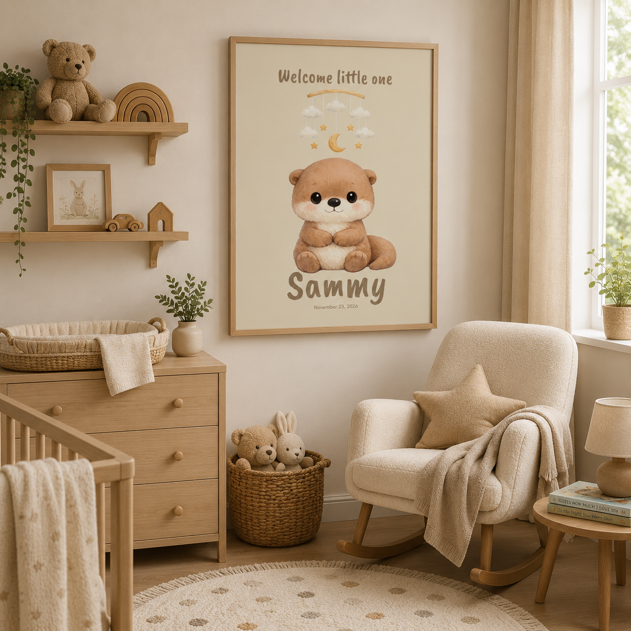 Round otter under mobile baby name poster displayed in nursery room