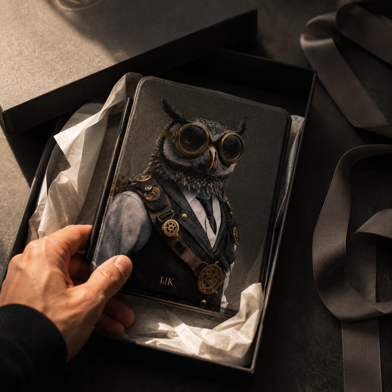 Personalized Owl Kindle case shown in a gift setting