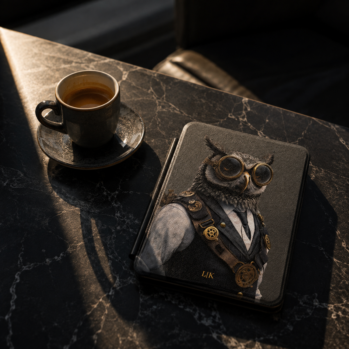 Personalized Owl Kindle case shown on a black marble coffee table
