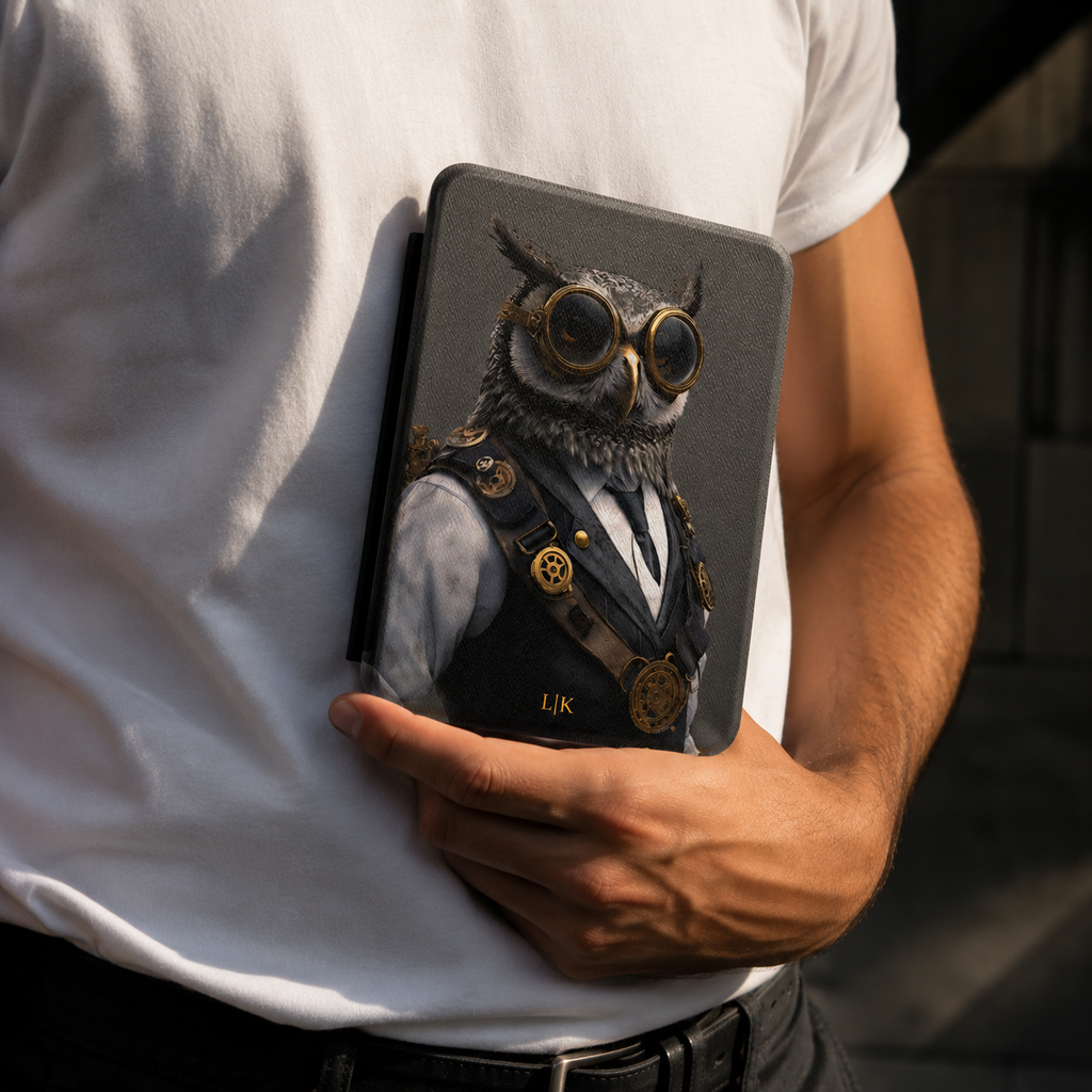 Personalized Owl Kindle case held in hand in front of white shirt