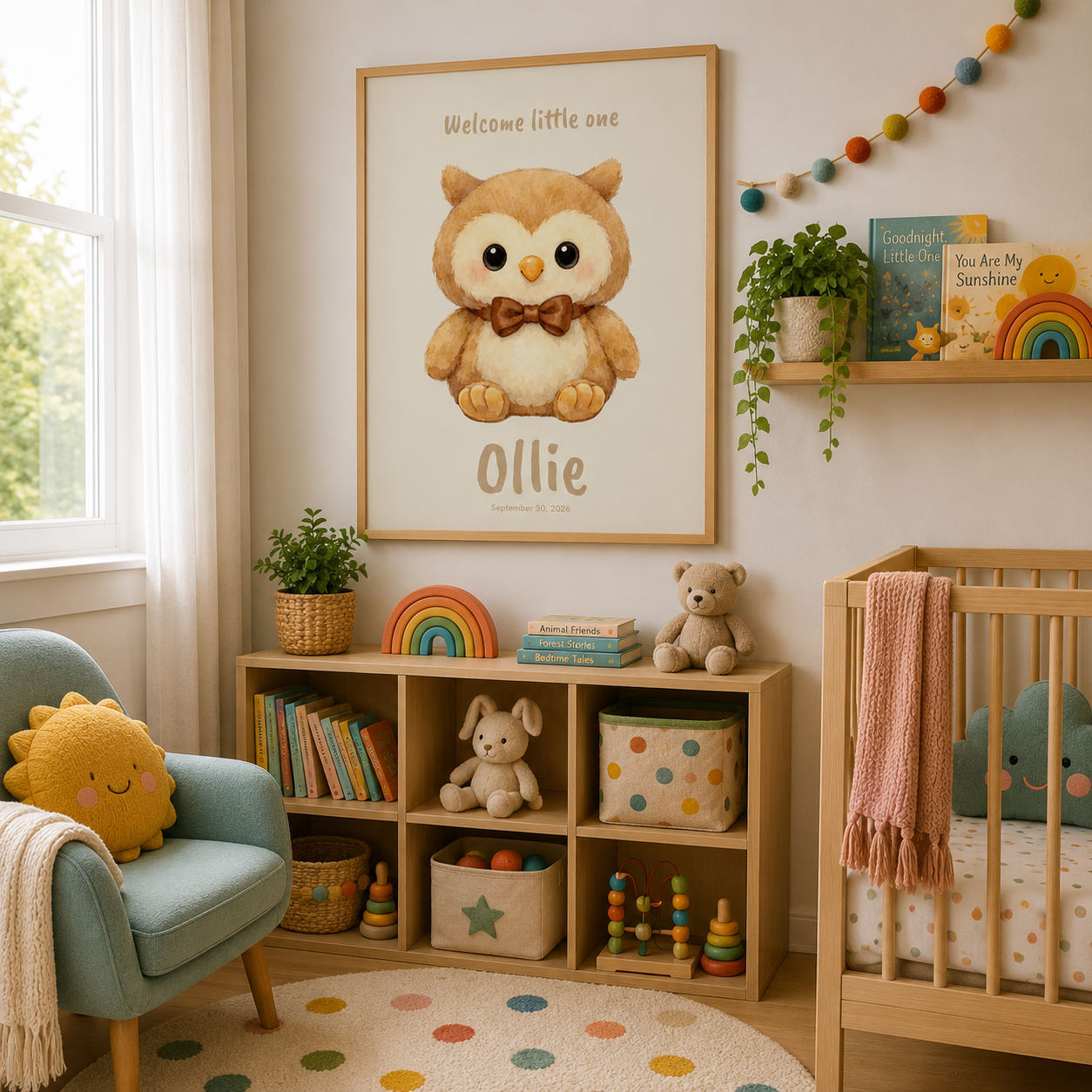 Close-up of owl nursery poster showing personalized name and birth date