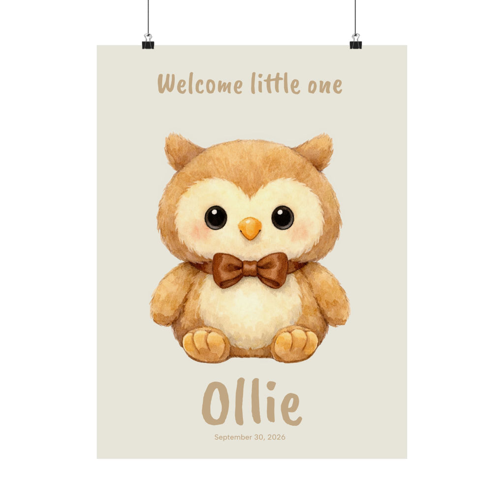 Personalized owl nursery poster with bow tie, custom baby name and birth date