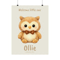 Personalized owl nursery poster with bow tie, custom baby name and birth date
