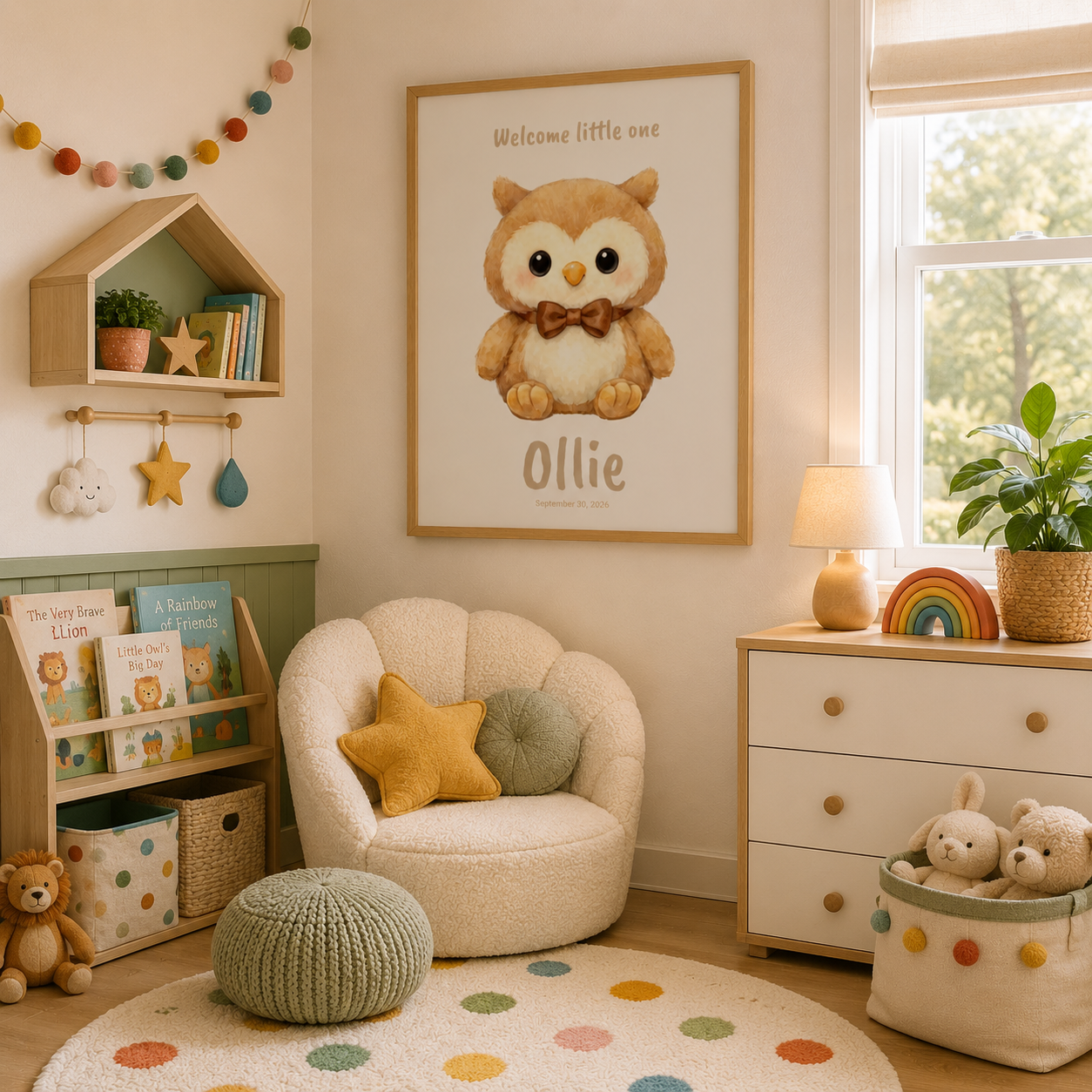 Fluffy owl baby name poster displayed in woodland nursery room