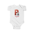 Personalized P baby bodysuit with panda – white cotton onesie with custom name
