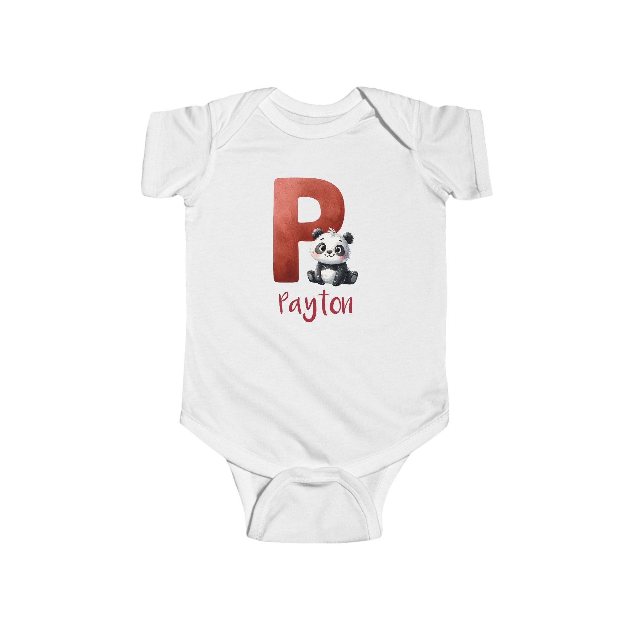 Personalized P baby bodysuit with panda – white cotton onesie with custom name