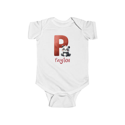Personalized P baby bodysuit with panda – white cotton onesie with custom name