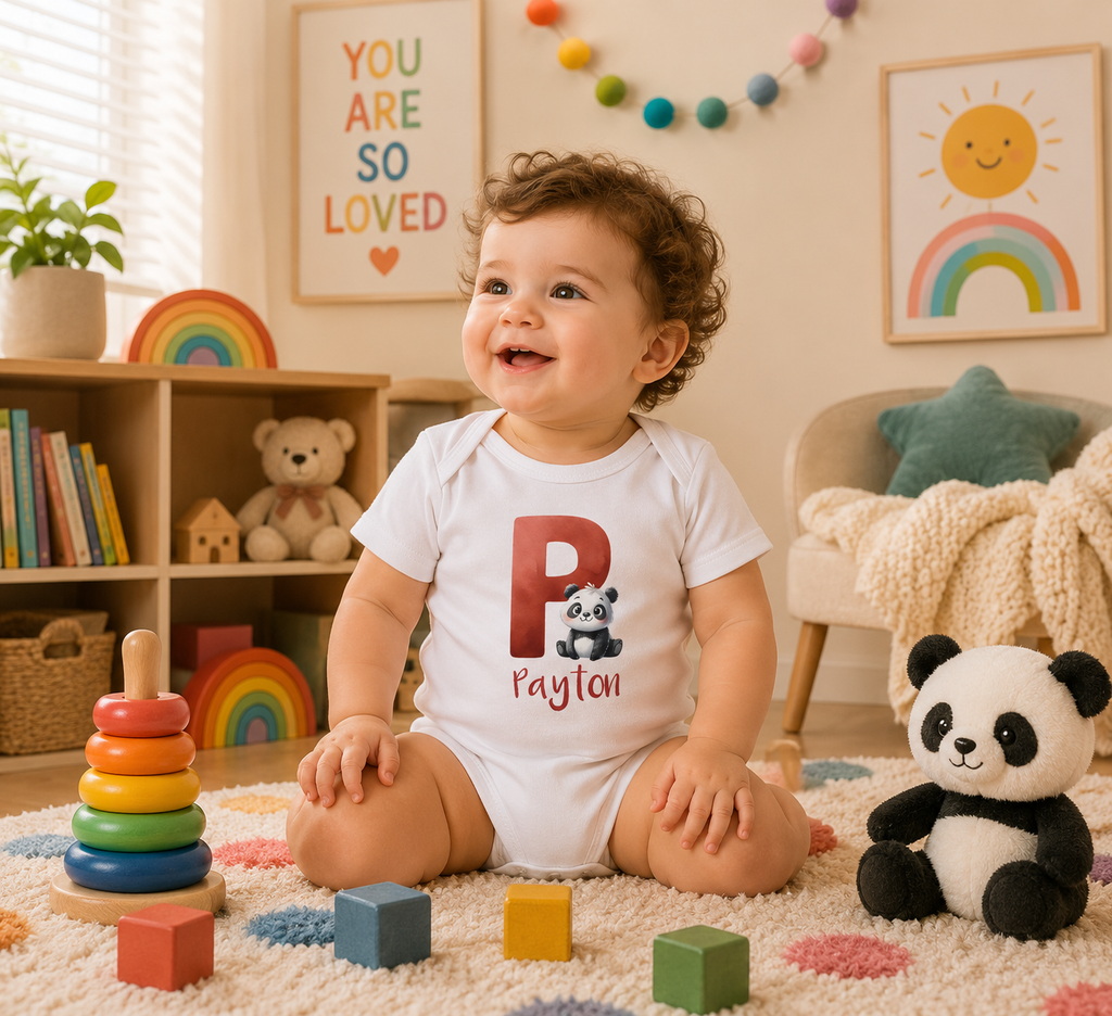 Initial P bodysuit with panda and name in script – flat lay