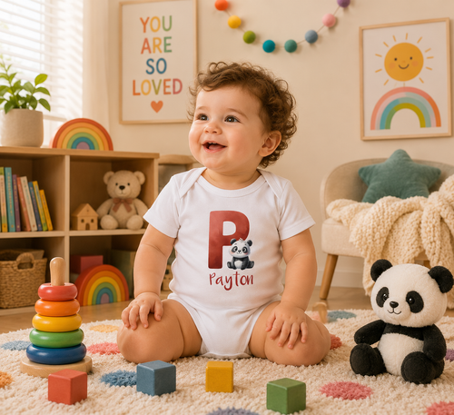 Initial P bodysuit with panda and name in script – flat lay