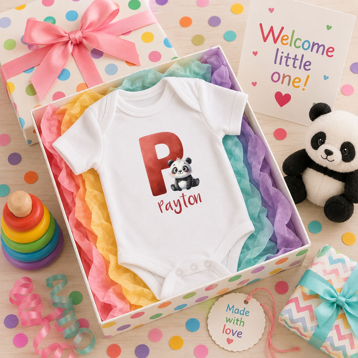 Close-up of P initial and panda on baby bodysuit