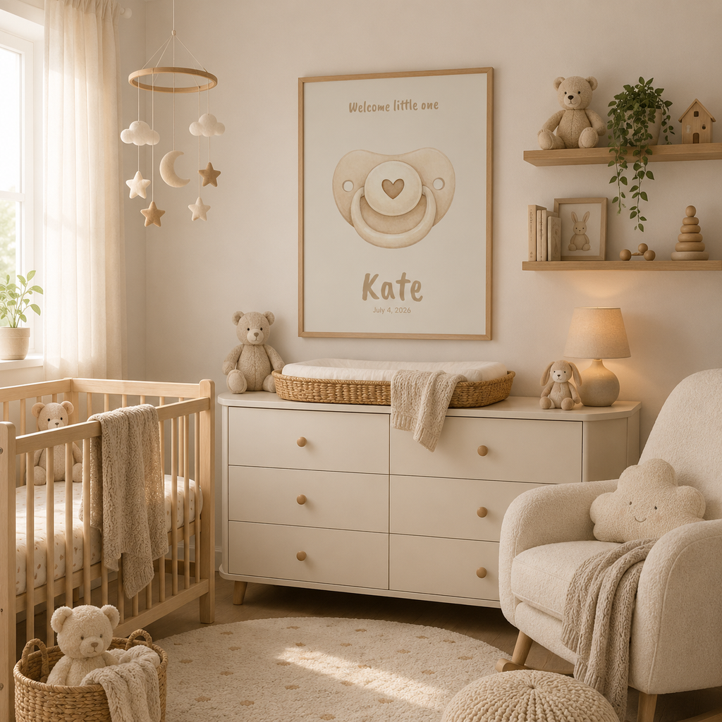 Close-up of pacifier poster showing personalized name and birth date
