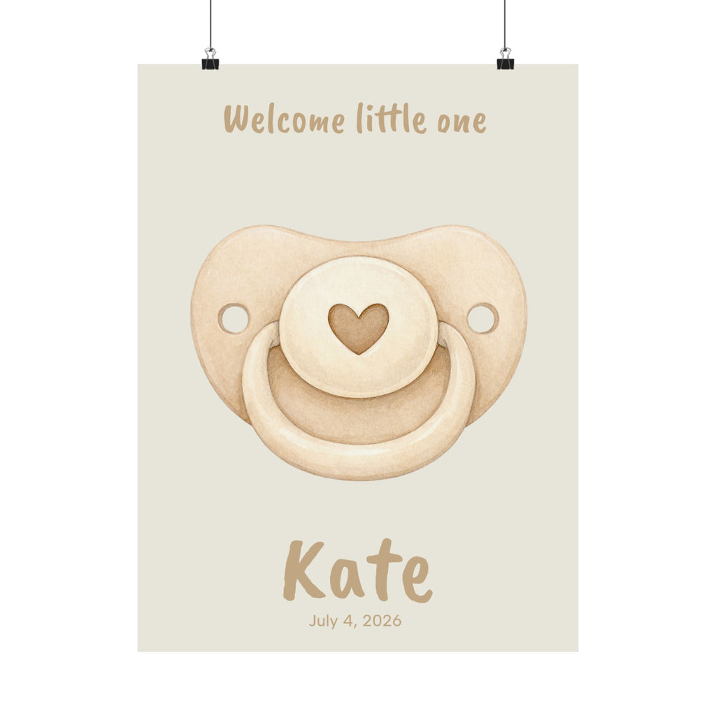 Personalized pacifier with heart nursery poster, custom baby name and birth date
