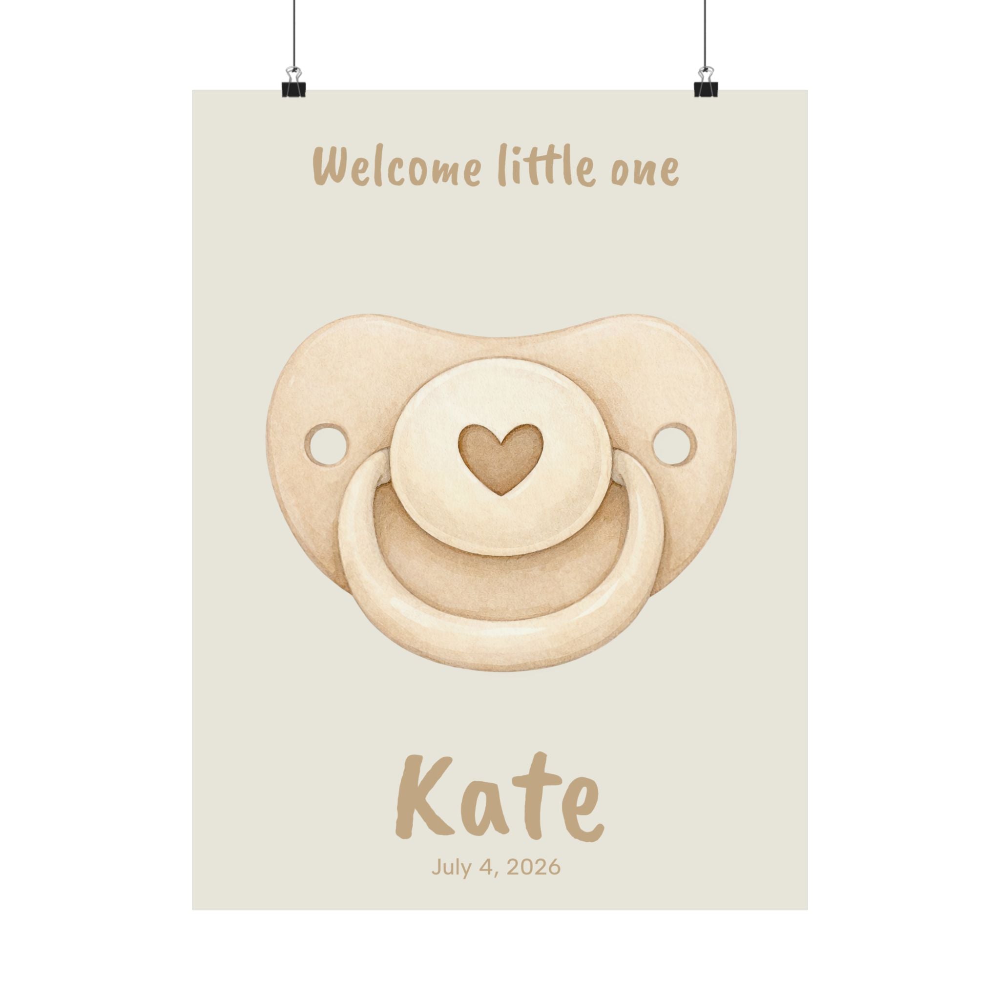 Personalized pacifier with heart nursery poster, custom baby name and birth date