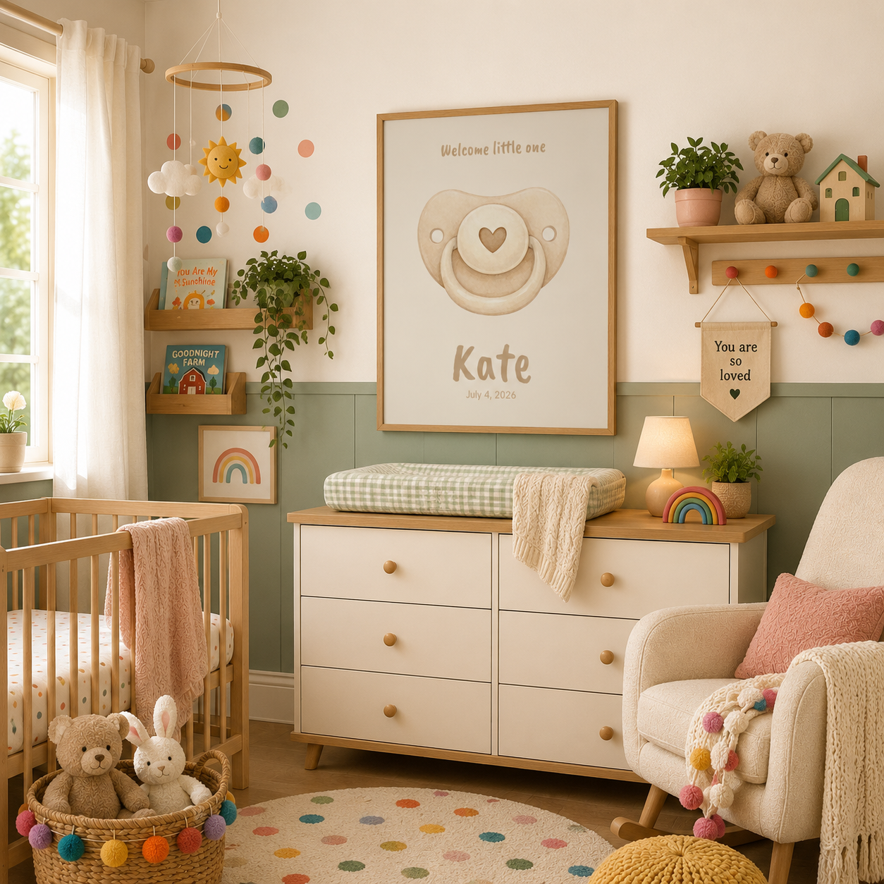 Watercolor pacifier baby name poster in nursery room