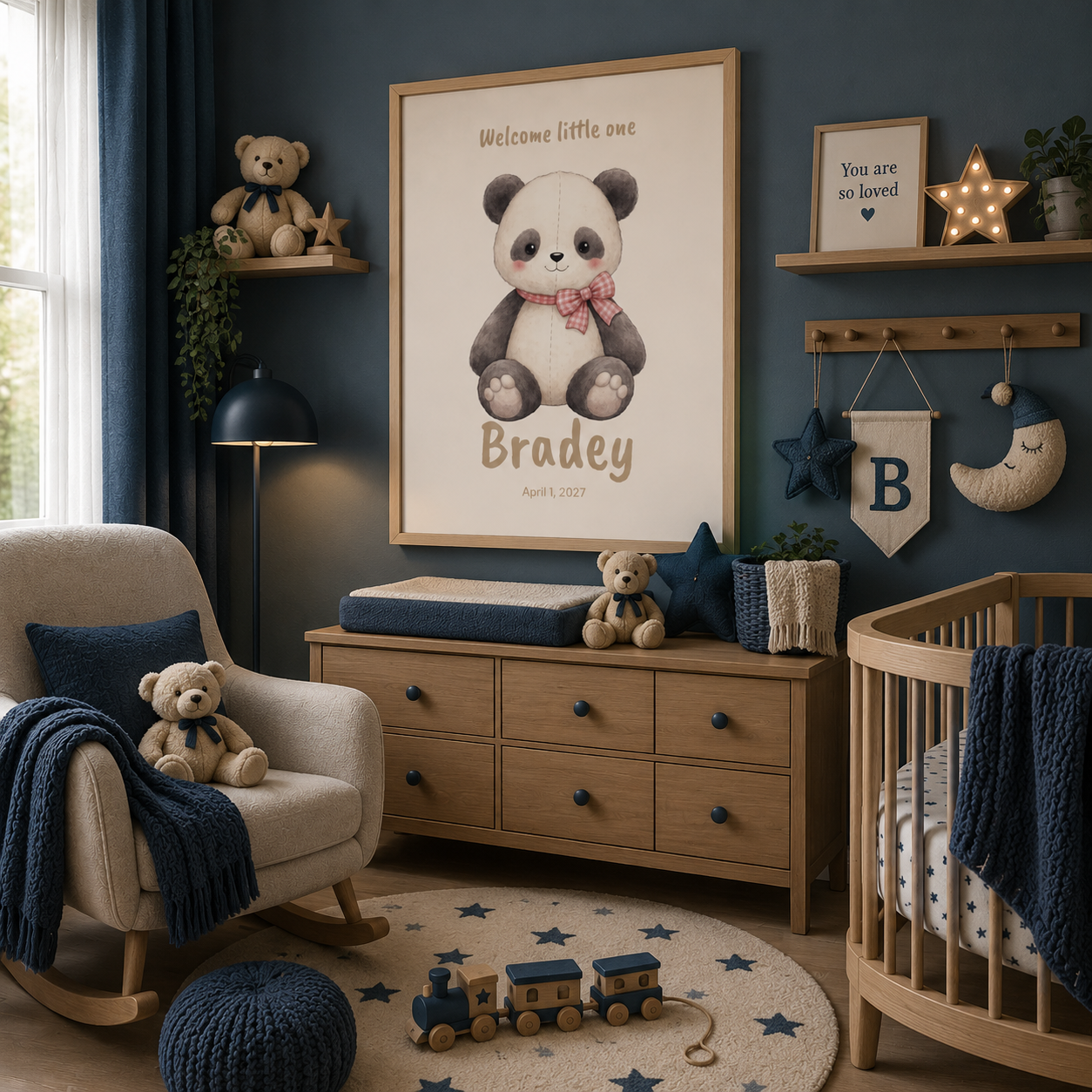 Close-up of panda bow poster showing personalized name and birth date