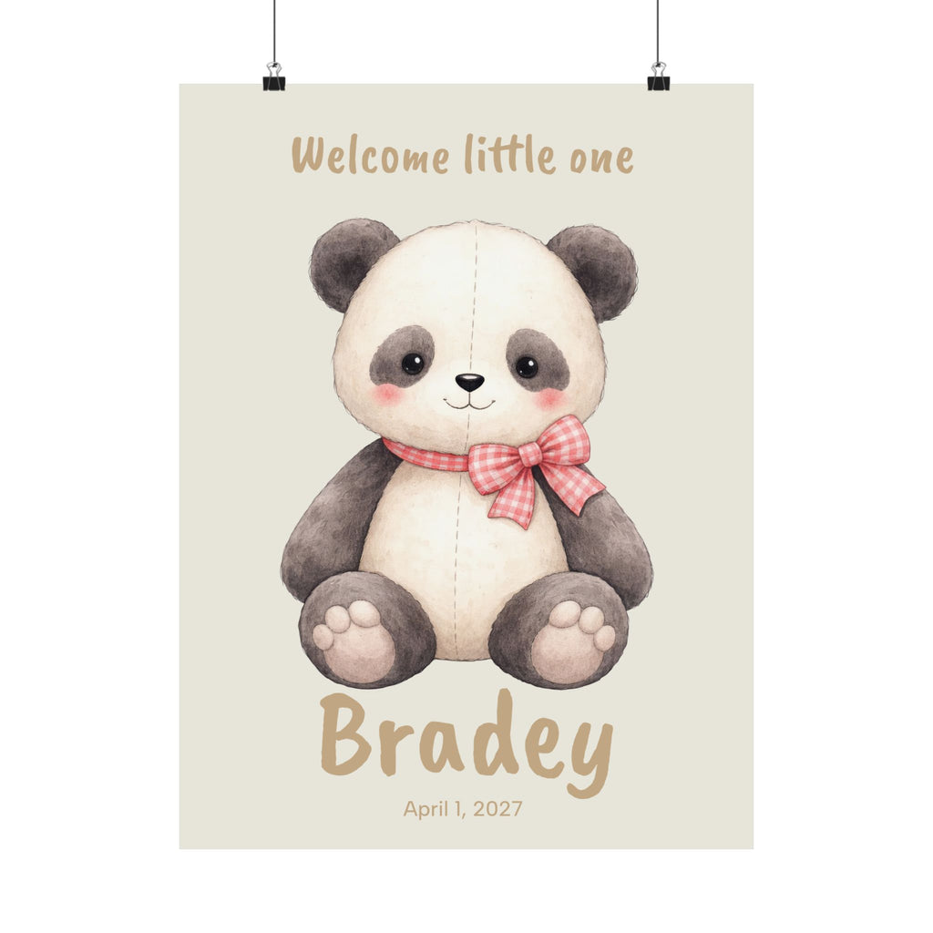 Personalized plush panda with red gingham bow nursery poster, custom baby name and birth date