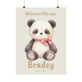Personalized plush panda with red gingham bow nursery poster, custom baby name and birth date