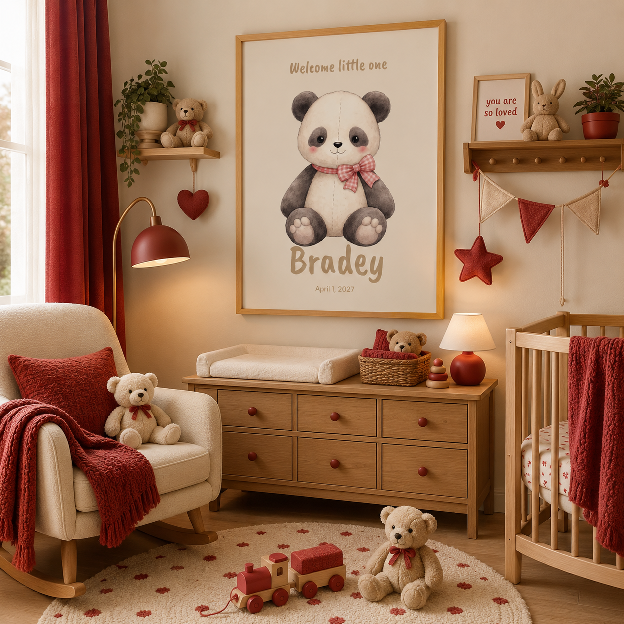 Plush panda with bow baby name poster displayed in nursery room