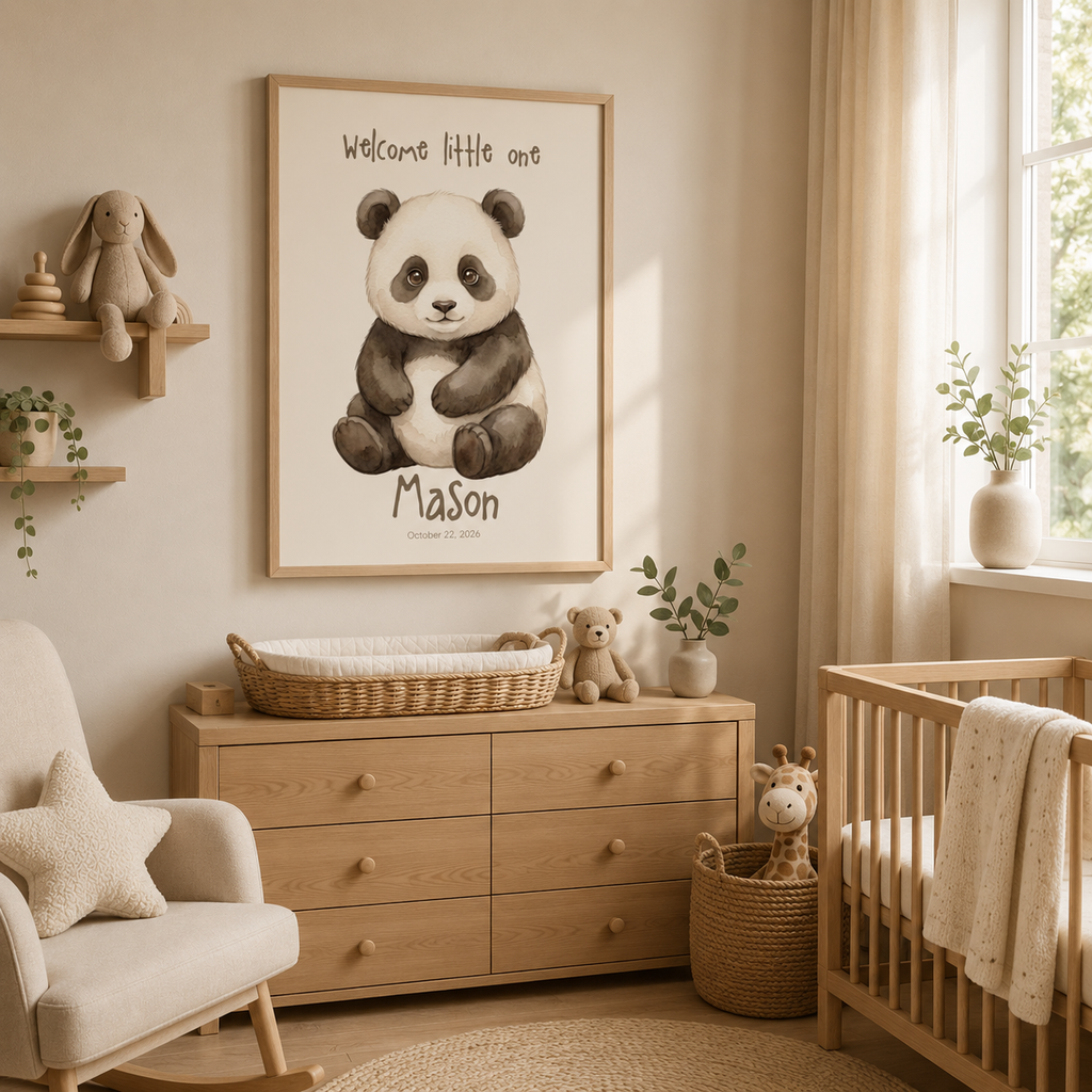 Close-up of panda nursery poster showing personalized name and birth date