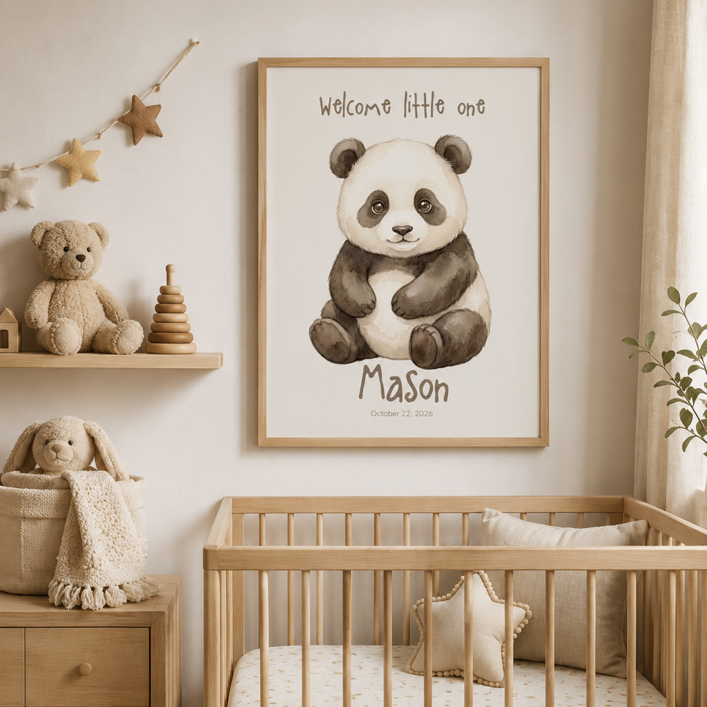 Watercolor panda cub baby name poster displayed in nursery room