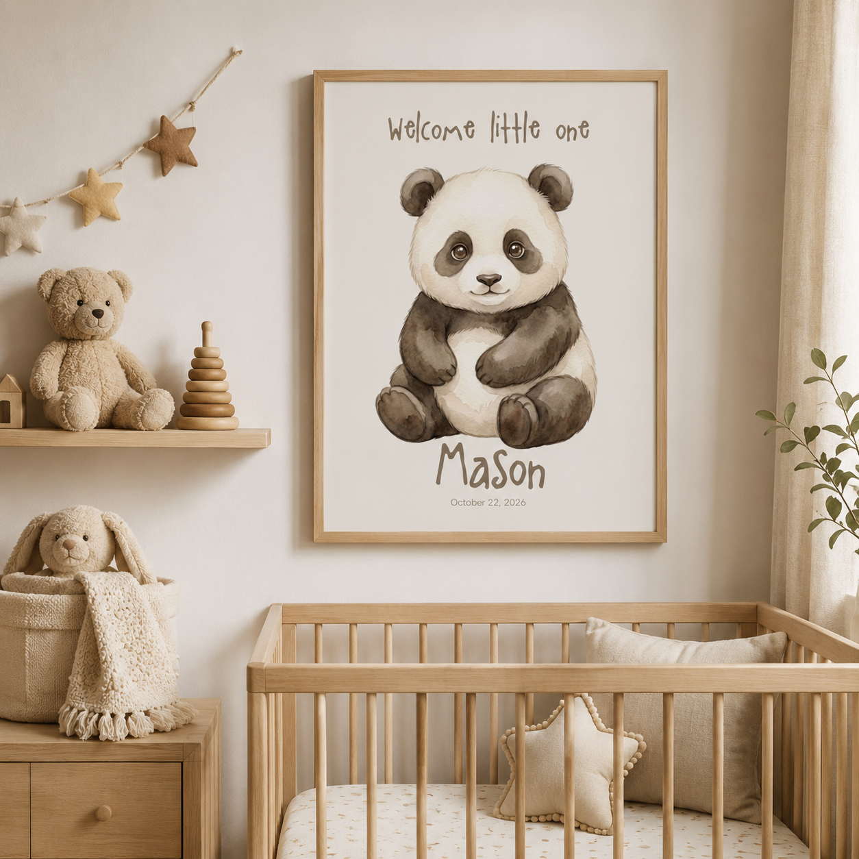 Watercolor panda cub baby name poster displayed in nursery room