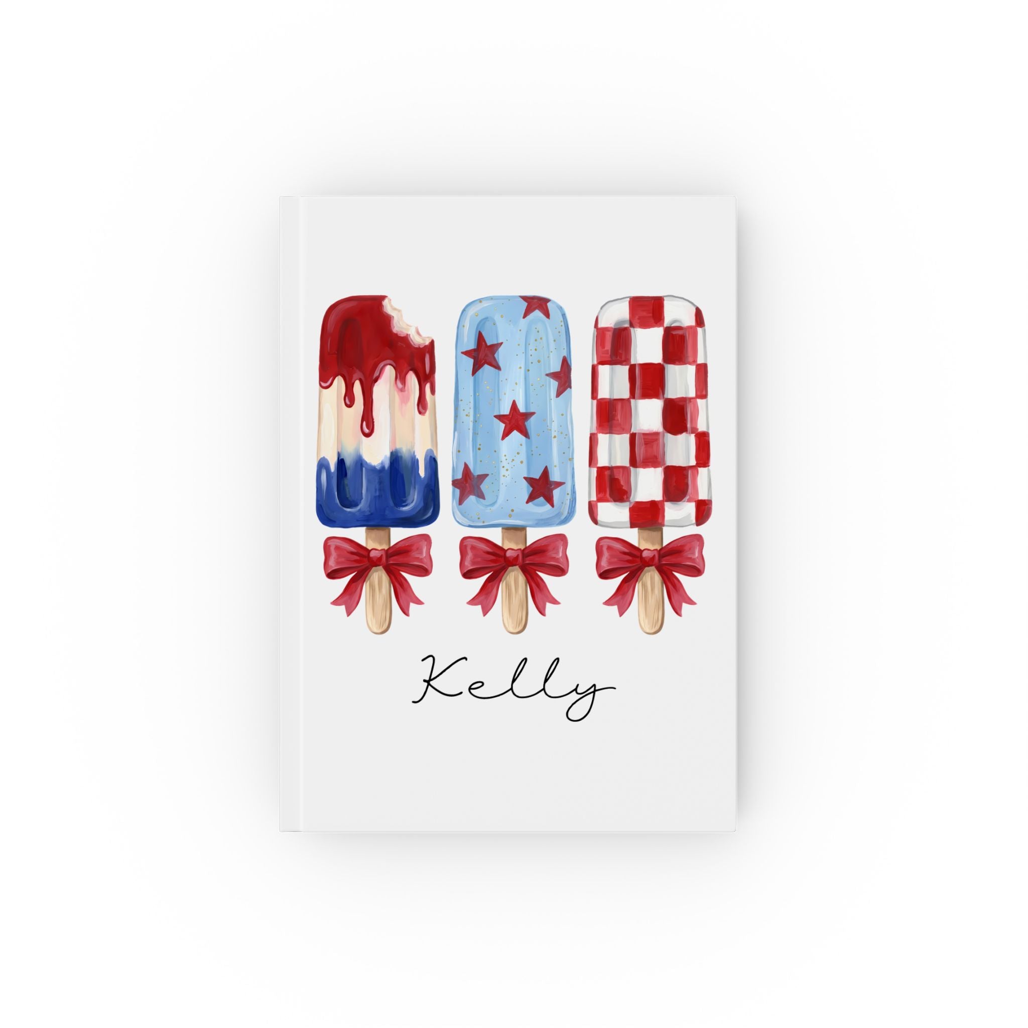 Personalized patriotic popsicle journal – white hardcover with red white blue ice lolly design and name Kelly