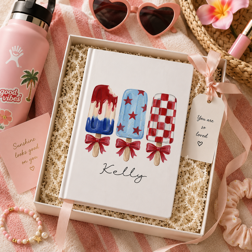Personalized summer journal lifestyle – popsicle notebook on desk in bright setting