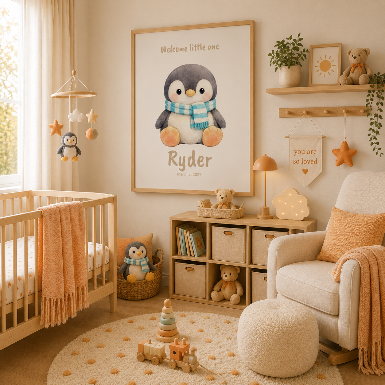 Close-up of penguin nursery poster showing personalized name and birth date
