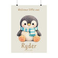 Personalized penguin with striped teal scarf nursery poster, custom baby name and birth date