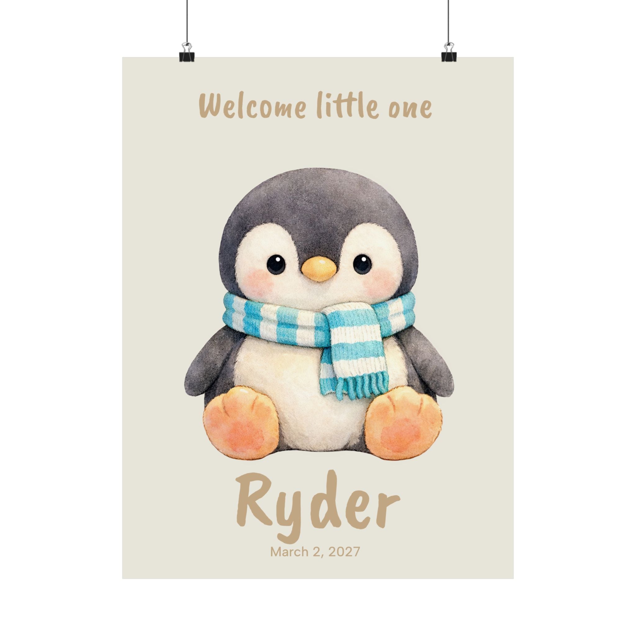 Personalized penguin with striped teal scarf nursery poster, custom baby name and birth date