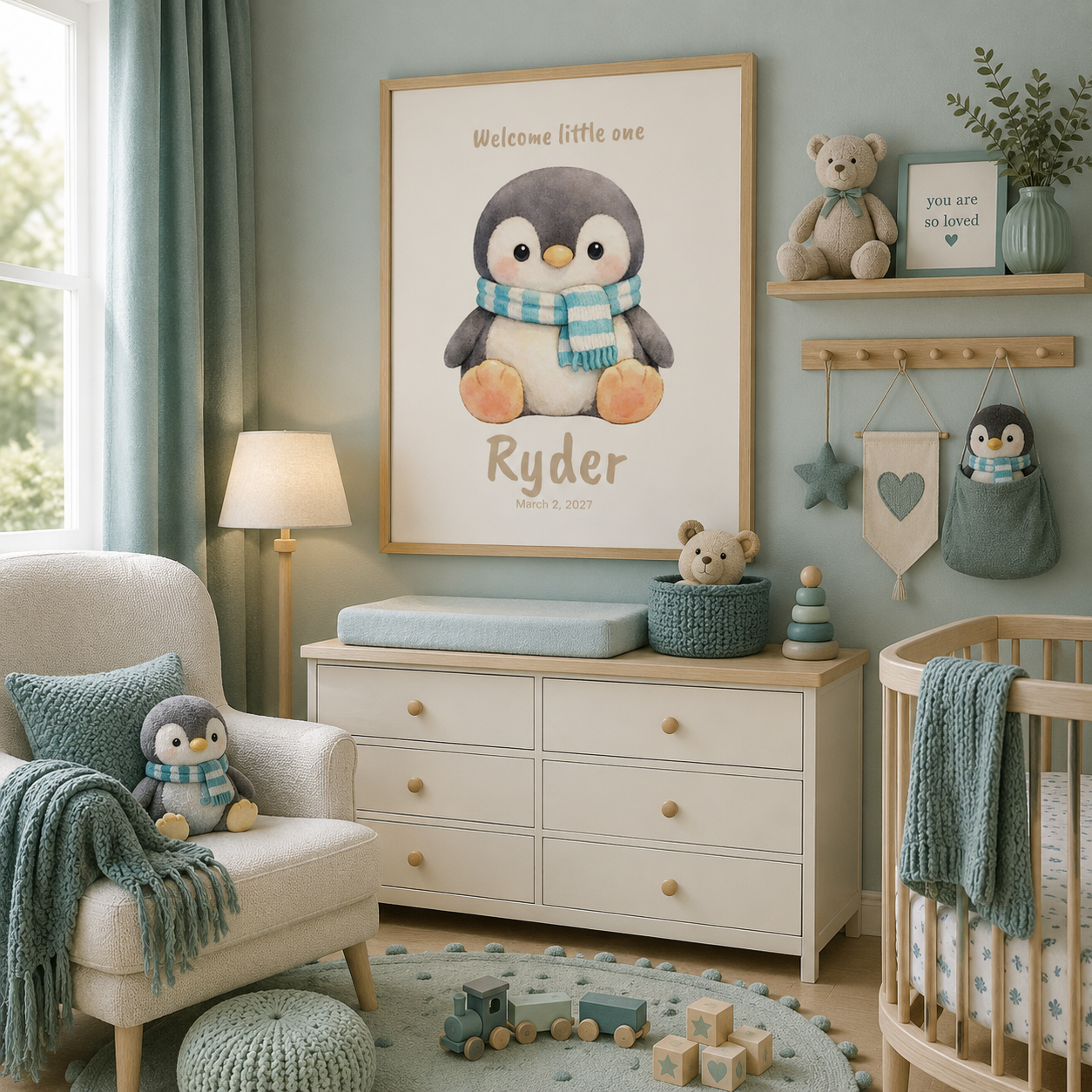 Cute penguin baby name poster displayed in nursery room setting