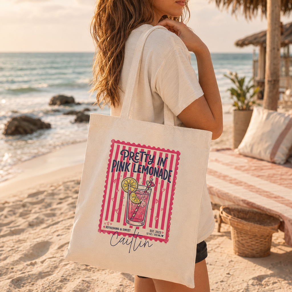 Personalized pink lemonade tote bag shown worn on shoulder, lifestyle photo