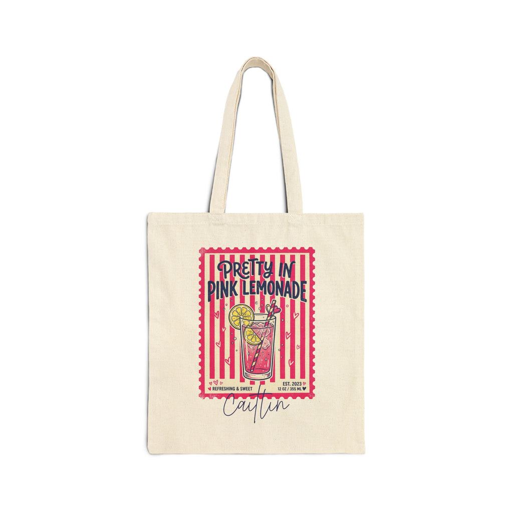 Personalized pretty in pink lemonade canvas tote bag with custom name