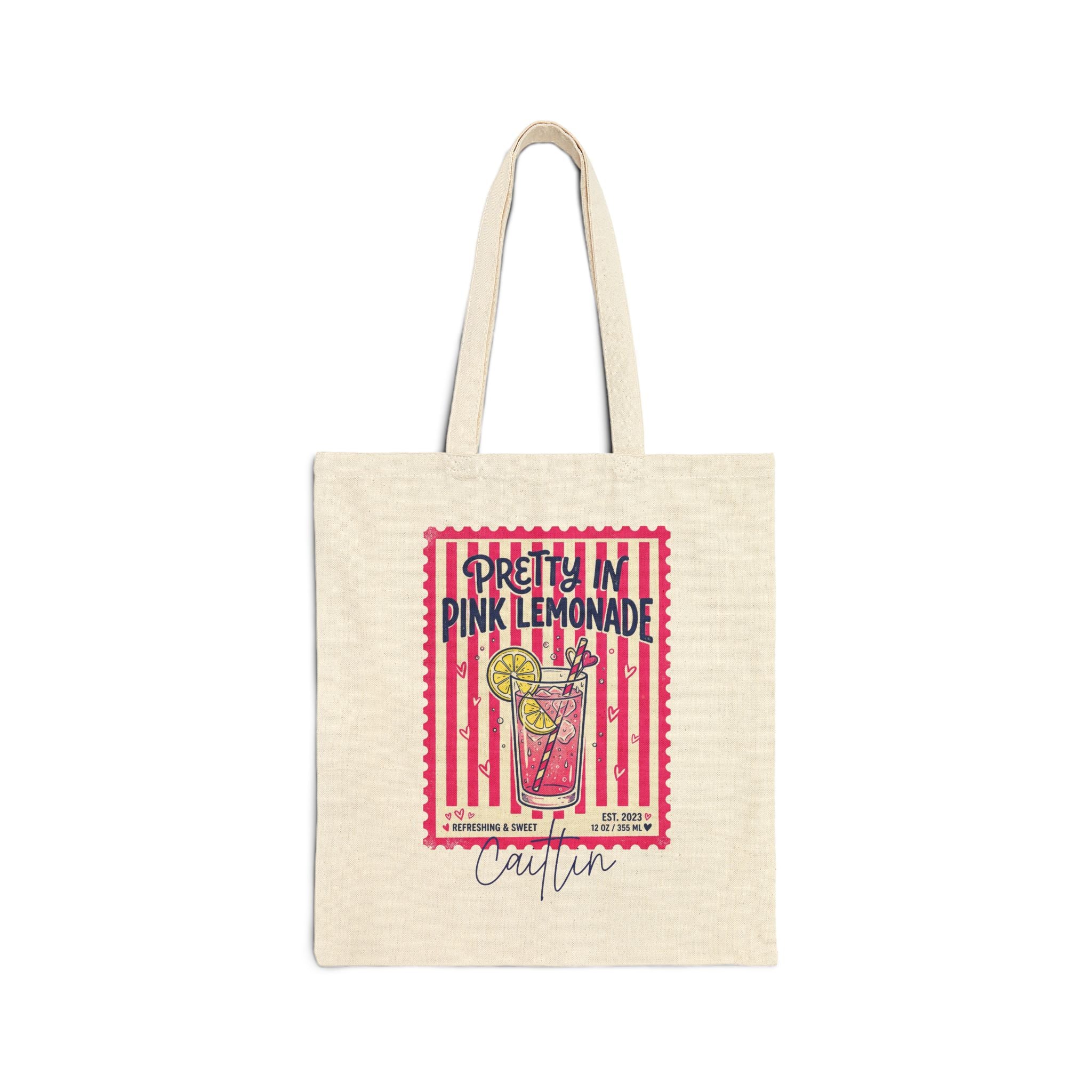 Personalized pretty in pink lemonade canvas tote bag with custom name