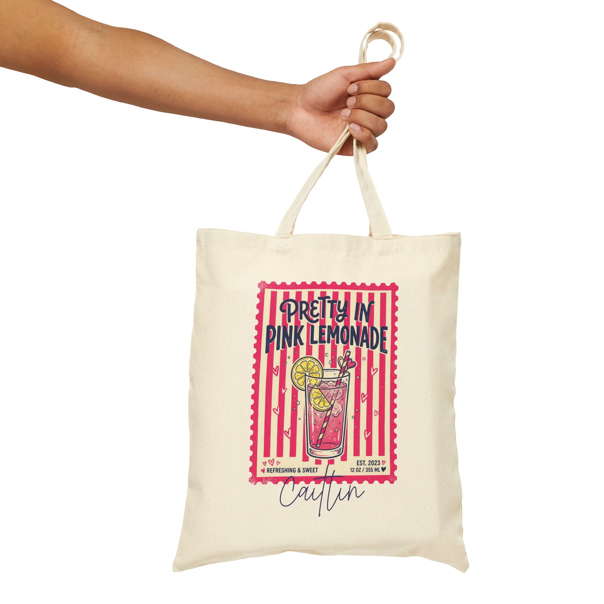 Personalized pink lemonade canvas tote bag size and dimensions reference