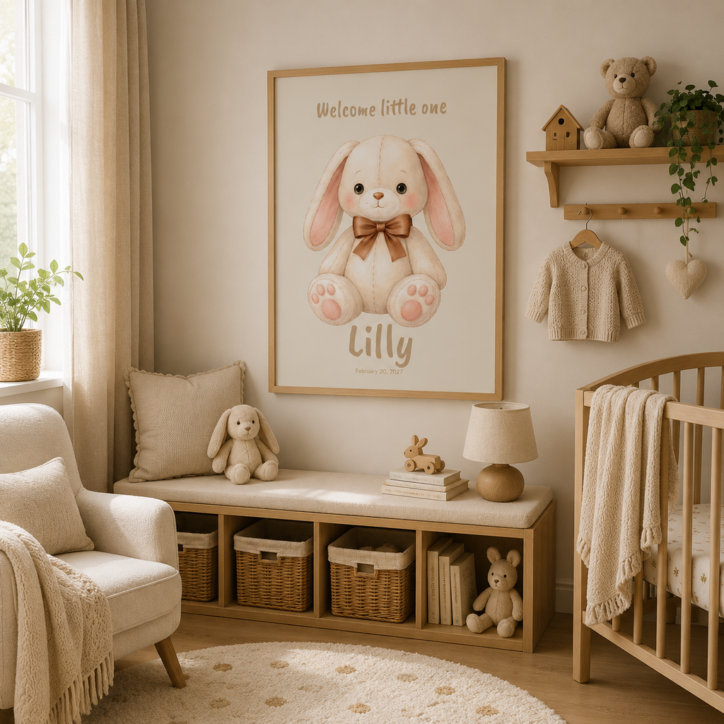 Close-up of plush bunny poster showing personalized name and birth date