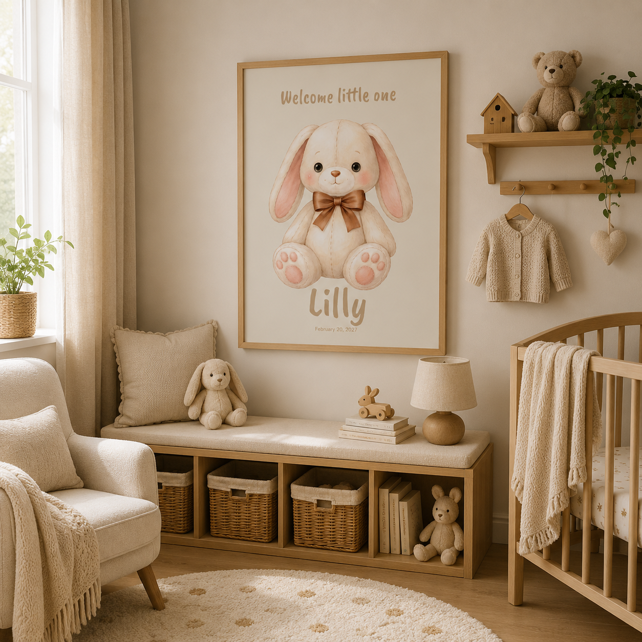 Close-up of plush bunny poster showing personalized name and birth date